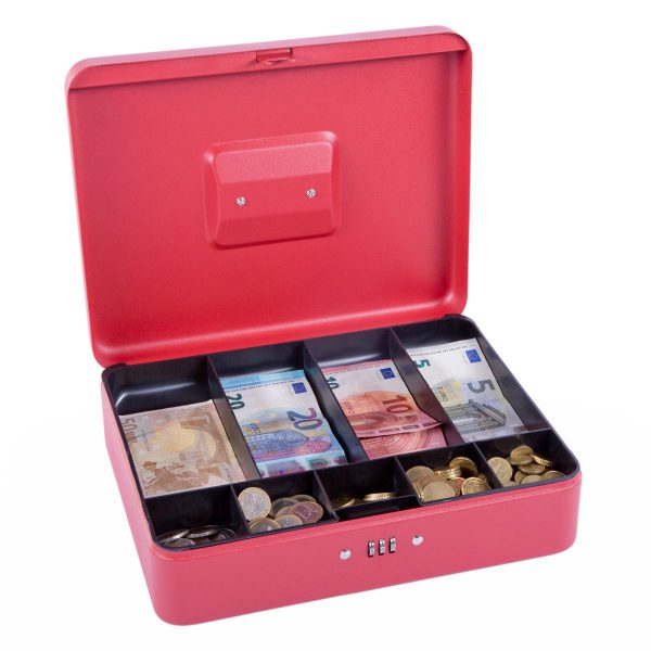 SAX Geldkassette rot matt individuell mit Namen bedruckbar mit Zahlenschloss für Banknoten Euro-Münzen 30x9x24cm