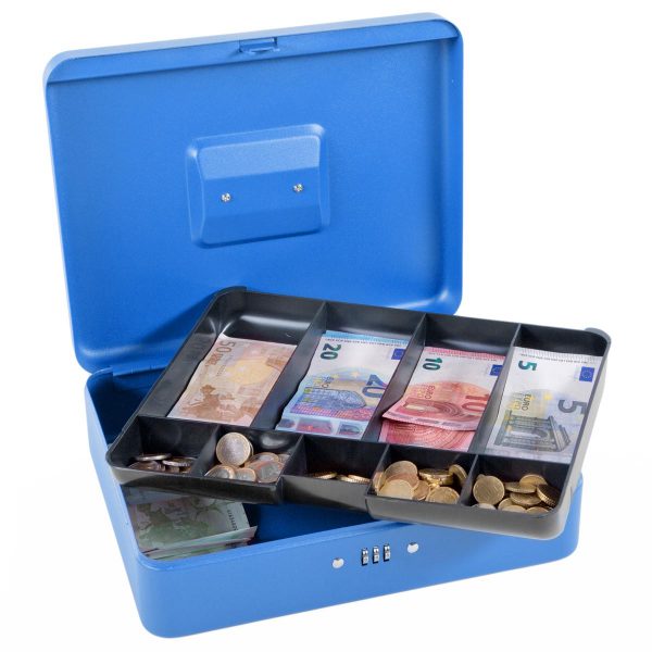 SAX Geldkassette blau matt individuell mit Namen bedruckbar mit Zahlenschloss für Banknoten Euro-Münzen 30x9x24cm