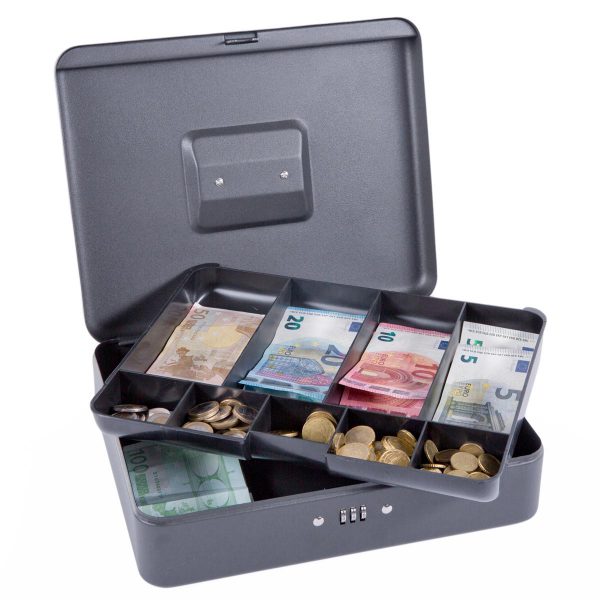 SAX Geldkassette schwarz matt individuell mit Namen bedruckbar mit Zahlenschloss für Banknoten Euro-Münzen 30x9x24cm