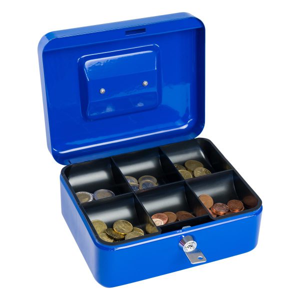 SAX Geldkassette blau individuell mit Namen bedruckbar mit Zylinderschloss für Banknoten Euro-Münzen 20x9x16cm