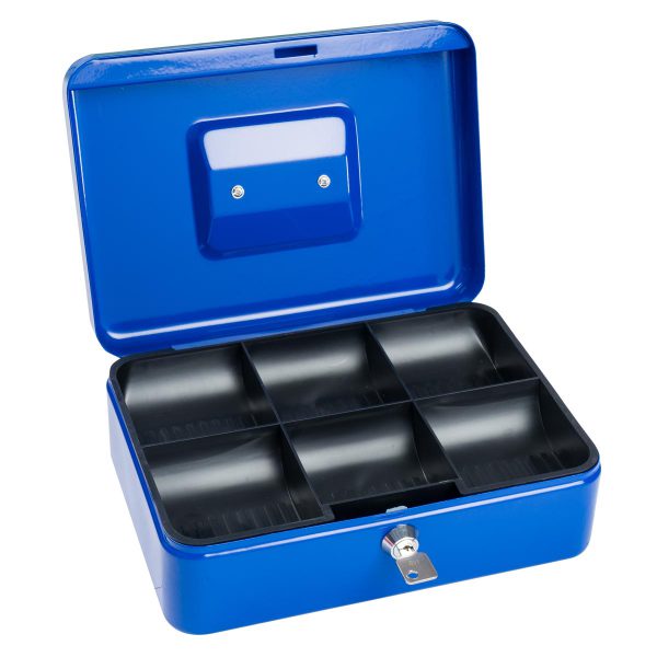 SAX Geldkassette blau individuell mit Namen bedruckbar mit Zylinderschloss für Banknoten Euro-Münzen 25x9x18cm
