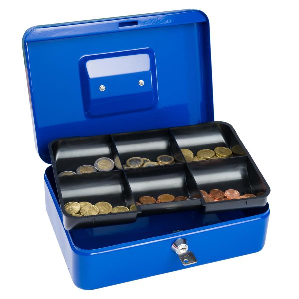SAX Geldkassette blau individuell mit Namen bedruckbar mit Zylinderschloss für Banknoten Euro-Münzen 25x9x18cm