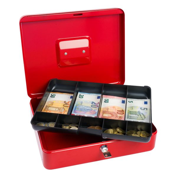 SAX Geldkassette rot individuell mit Namen bedruckbar mit Zylinderschloss für Banknoten Euro-Münzen 30x9x24cm