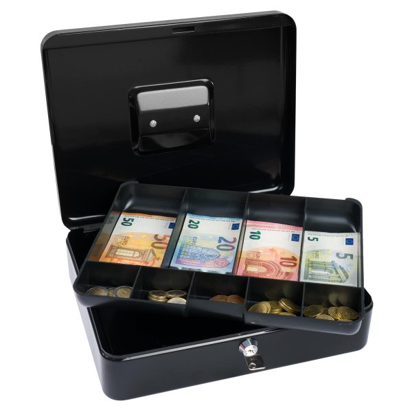SAX Geldkassette schwarz individuell mit Namen bedruckbar mit Zylinderschloss für Banknoten Euro-Münzen 30x9x24cm
